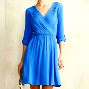 NWT Maeve Lene Faux Wrap Dress in Cornflower Blue, Roll Tab Sleeves, Sz Large.